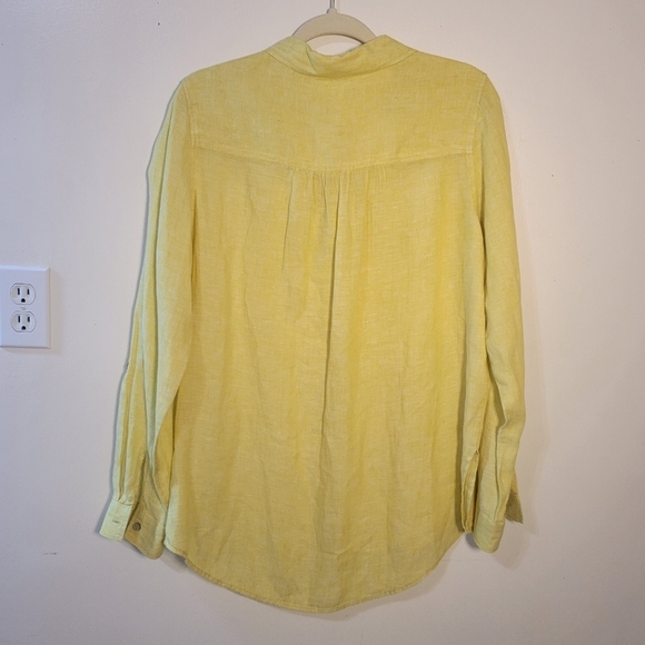 Sigrid Olsen: Women's Medium Chartreuse Half Button-down Roll-tab 100% Linen Top - Picture 7 of 11